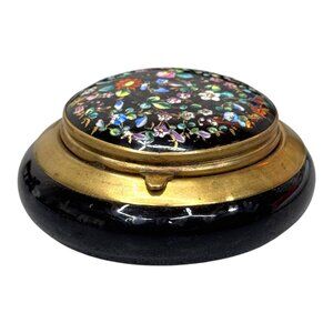 Vt Black Glass Moser Enamel Brass Floral Hinged Trinket Box Hand Painted Flowers